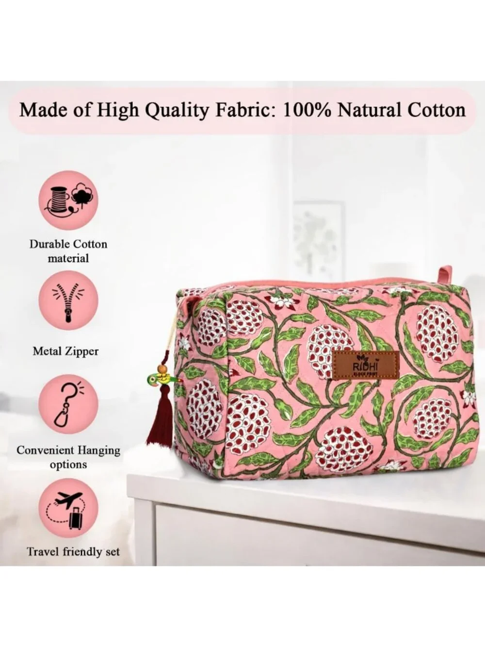 Set of 3 Strawberry Pink Hand Block Print Cotton Toiletry Bags - Travel